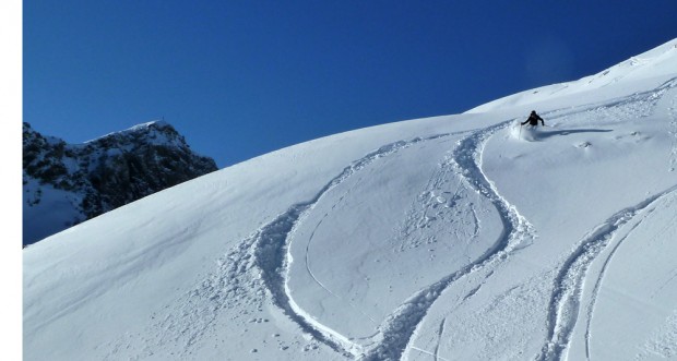 Lisi getting fresh tracks skiing the Mehlsack, Lech am Arlberg