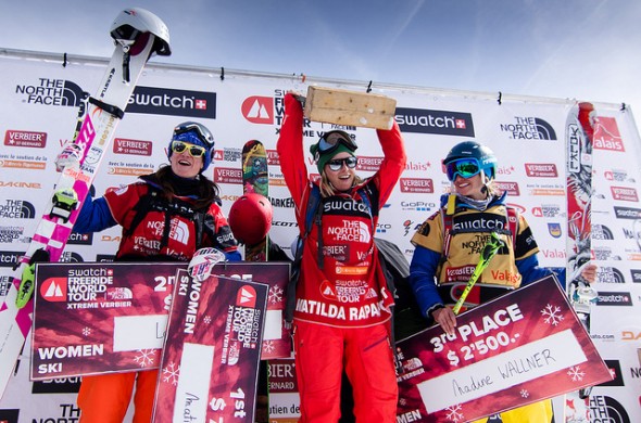 The female ski podium for the Verbier Xtreme 2013 (f.l.t.r. Lorraine Huber, Matilda Rapaport, Nadine Wallner)